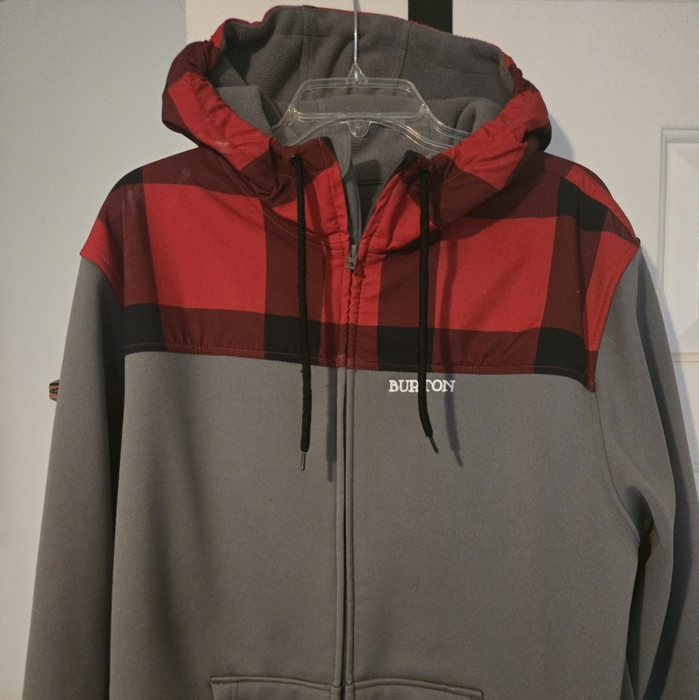 Burton Men's Gray Zip-Up Hoodie with Red Plaid Yoke